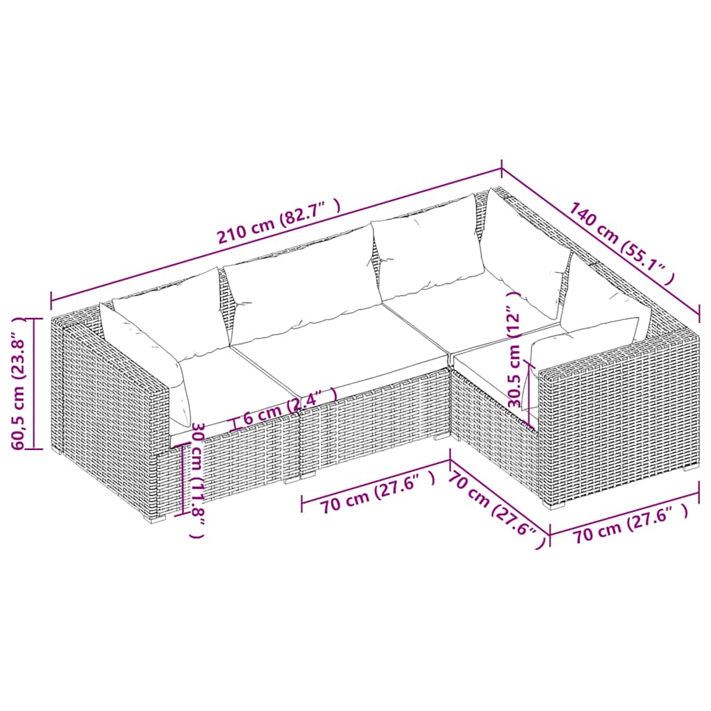 Set Divani da Giardino 4 pz con Cuscini in Polyrattan Grigio | homemem39