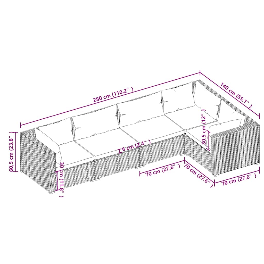Set Divani da Giardino 5 pz con Cuscini in Polyrattan Grigio | homemem39