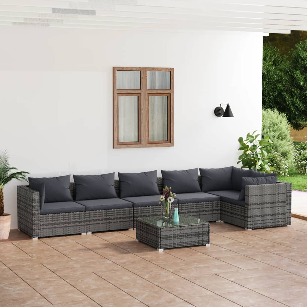 Set Divani da Giardino 7 pz con Cuscini in Polyrattan Grigio | homemem39