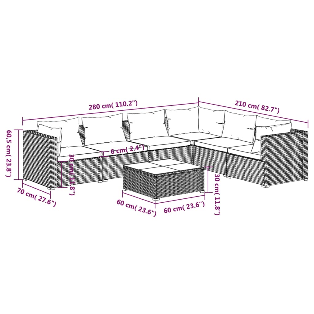 Set Salotto da Giardino 7 pz con Cuscini in Polyrattan Nero | homemem39