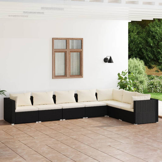 Set Salotto da Giardino 7 pz con Cuscini in Polyrattan Nero