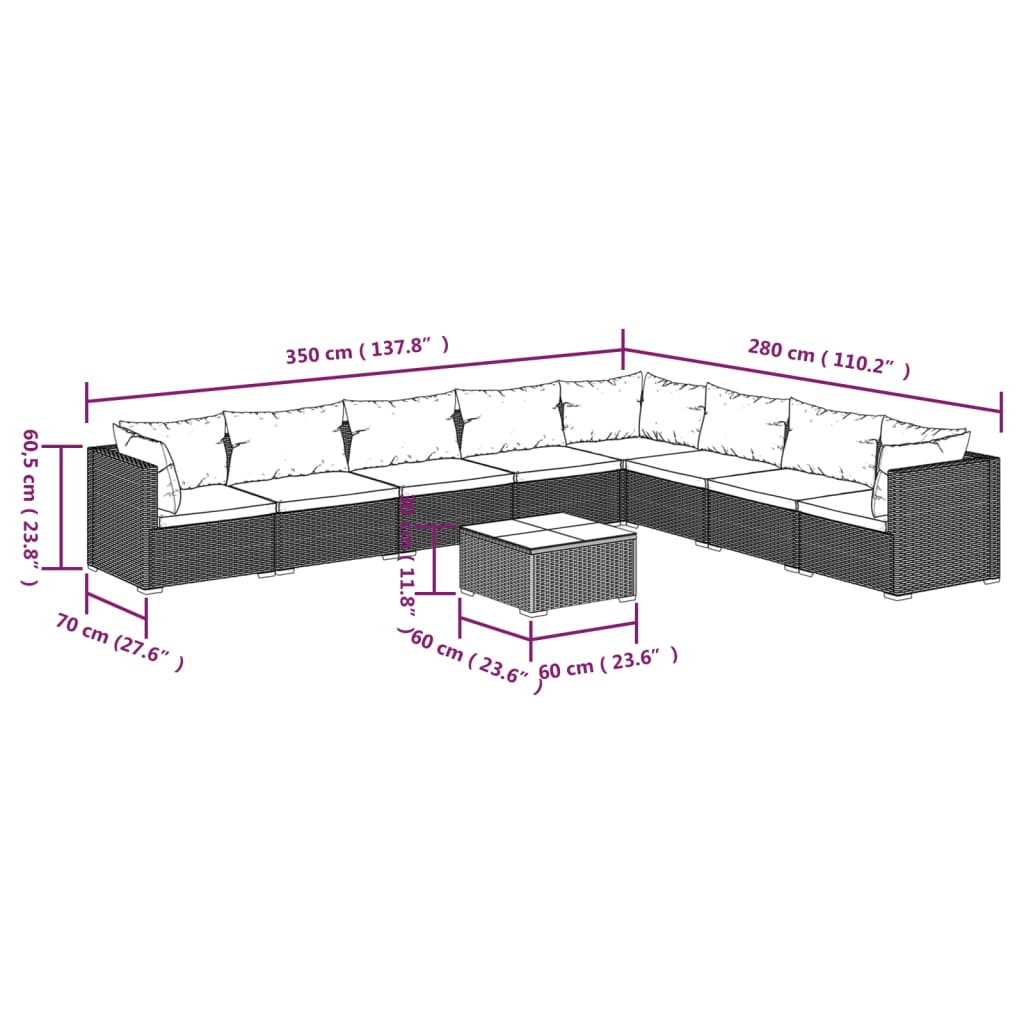 Set Divani da Giardino 9 pz con Cuscini in Polyrattan Nero | homemem39