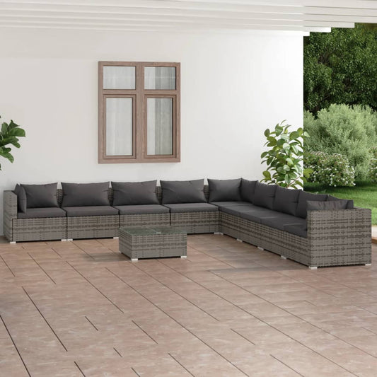 Set Divani da Giardino 10 pz con Cuscini in Polyrattan Grigio - homemem39