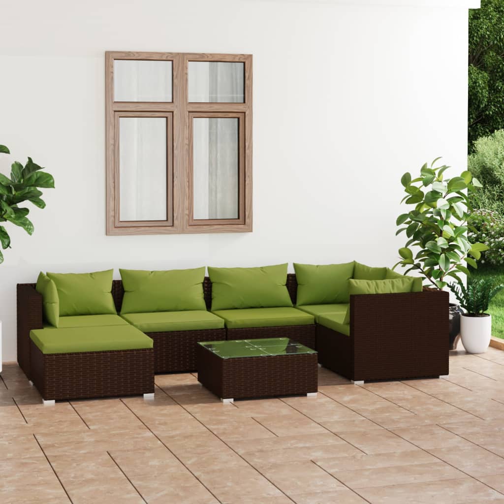 Set Divani da Giardino 7 pz con Cuscini in Polyrattan Marrone | homemem39