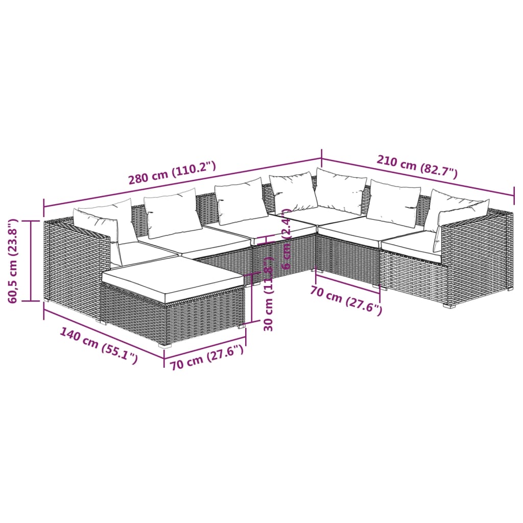 Set Divani da Giardino 7 pz con Cuscini in Polyrattan Nero | homemem39