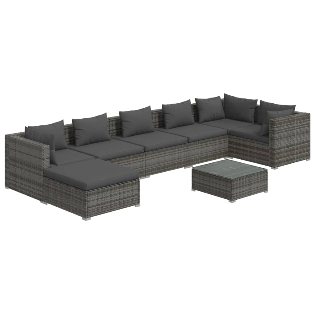 Set Divani da Giardino 8 pz con Cuscini in Polyrattan Grigio