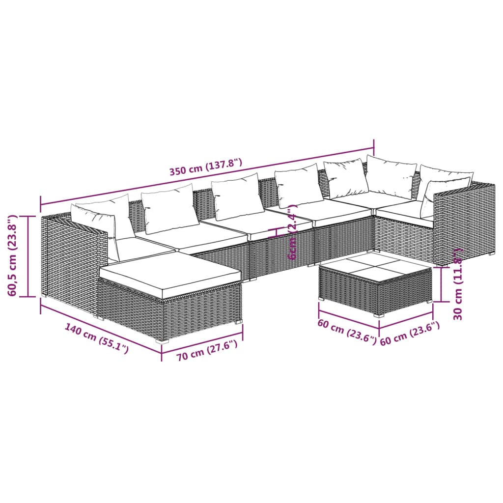 Set Divani da Giardino 8 pz con Cuscini in Polyrattan Grigio