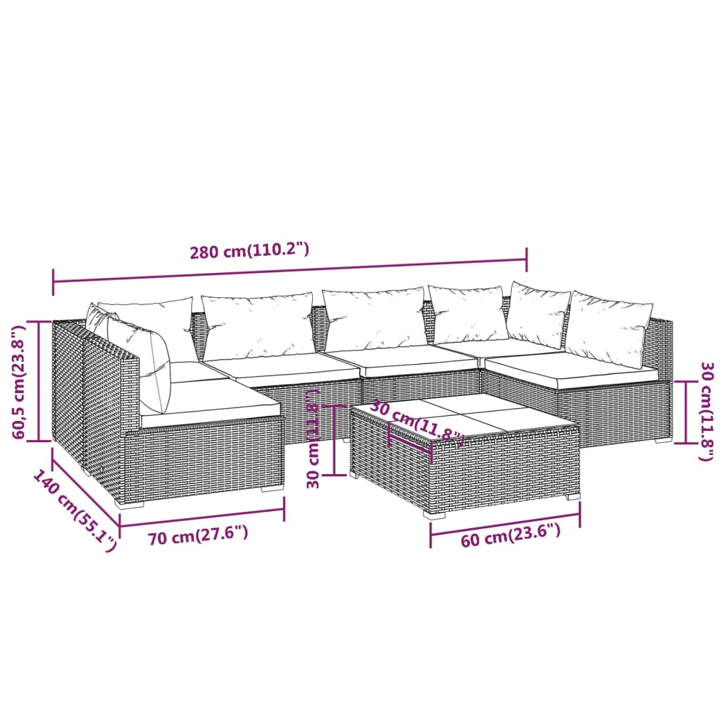 Set Divani da Giardino 7 pz con Cuscini in Polyrattan Marrone