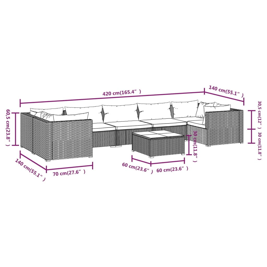 Set Divani da Giardino 8 pz con Cuscini in Polyrattan Grigio | homemem39