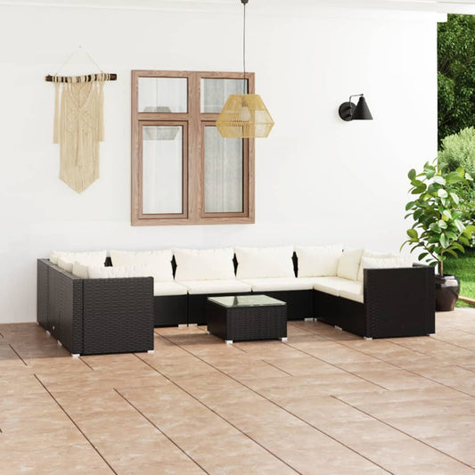 Set Divani da Giardino 10 pz con Cuscini in Polyrattan Nero | homemem39