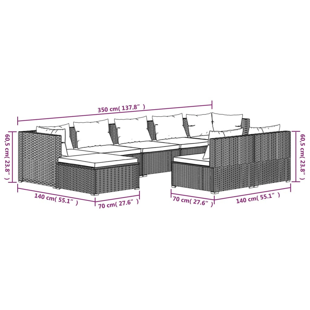 Set Divani da Giardino 9 pz con Cuscini in Polyrattan Grigio