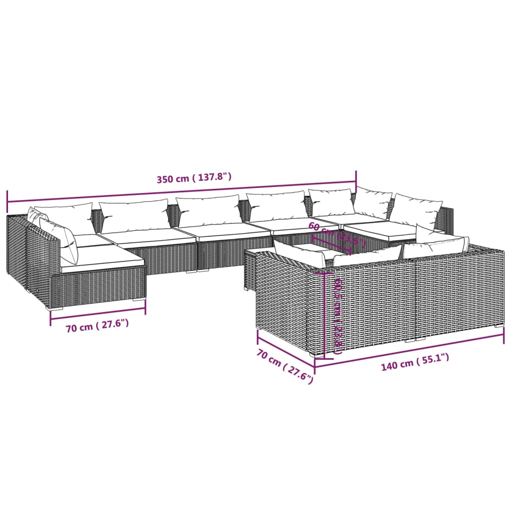 Set Divani da Giardino 10 pz con Cuscini in Polyrattan Nero | homemem39