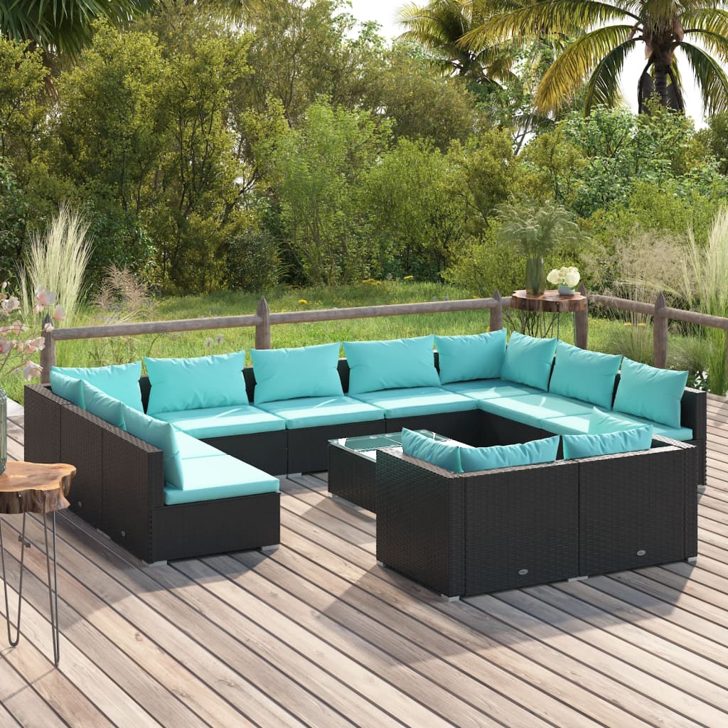 Set Divani da Giardino 12 pz con Cuscini in Polyrattan Nero | homemem39