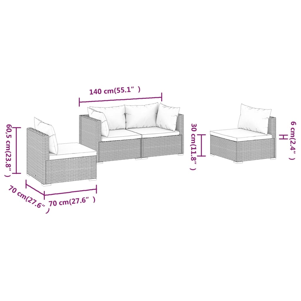 Set Divani da Giardino 4 pz con Cuscini in Polyrattan Nero | homemem39