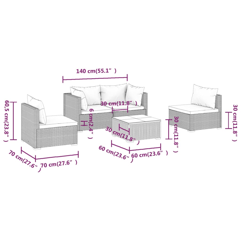 Set Divani da Giardino 5 pz con Cuscini in Polyrattan Grigio | homemem39