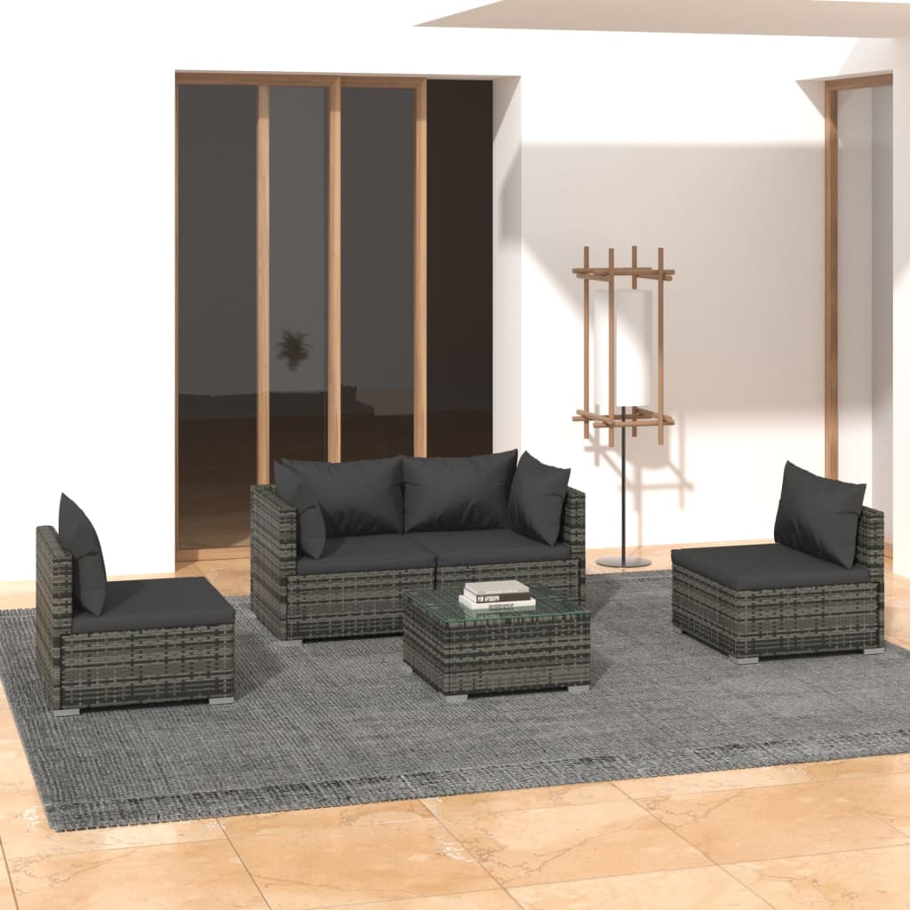 Set Divani da Giardino 5 pz con Cuscini in Polyrattan Grigio | homemem39