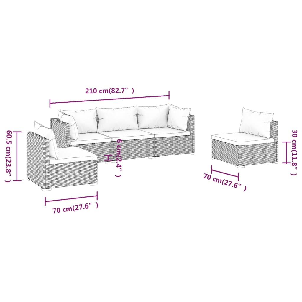 Set Divani da Giardino 5 pz con Cuscini in Polyrattan Marrone | homemem39