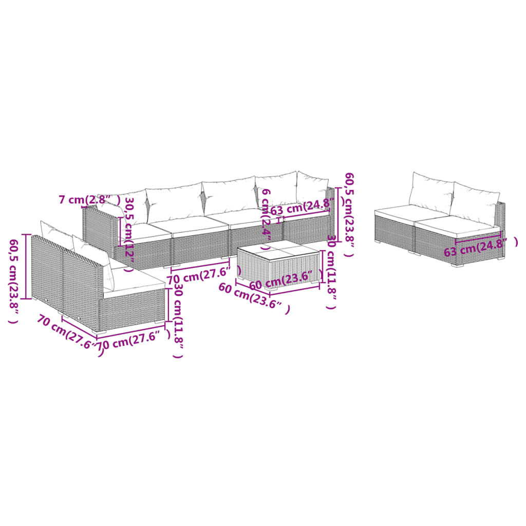 Set Divani da Giardino 9 pz con Cuscini in Polyrattan Grigio | homemem39