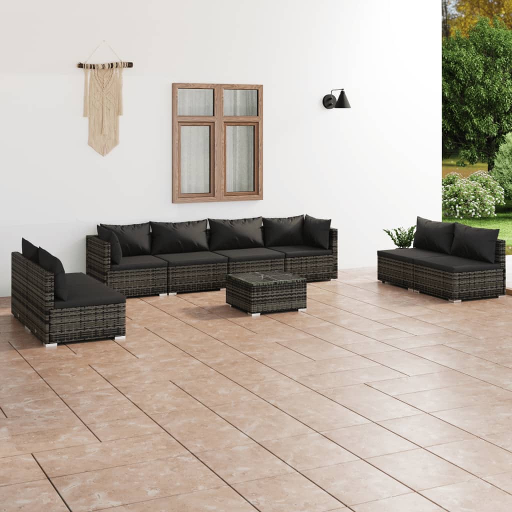 Set Divani da Giardino 9 pz con Cuscini in Polyrattan Grigio | homemem39