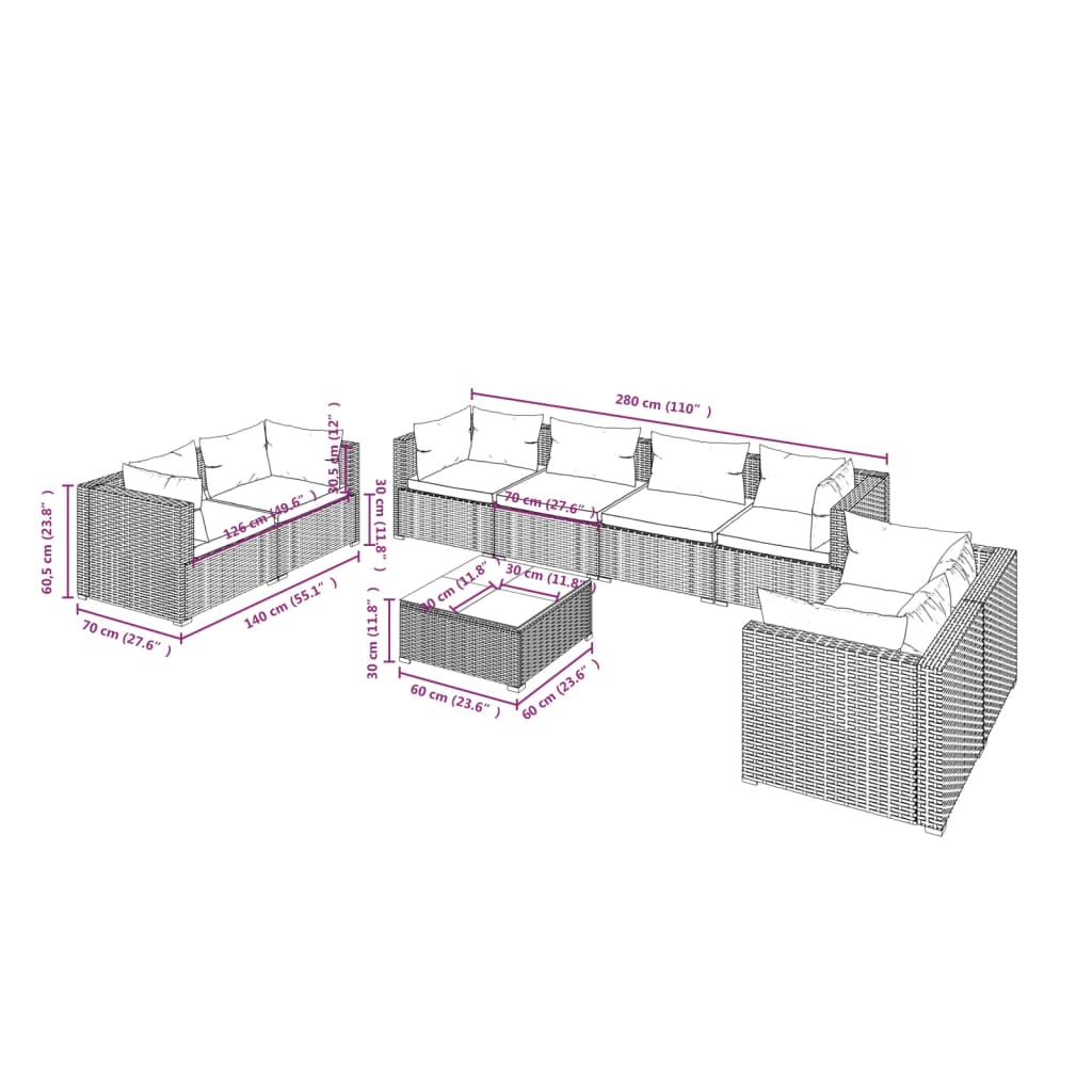 Set Divani da Giardino 9 pz con Cuscini in Polyrattan Nero | homemem39