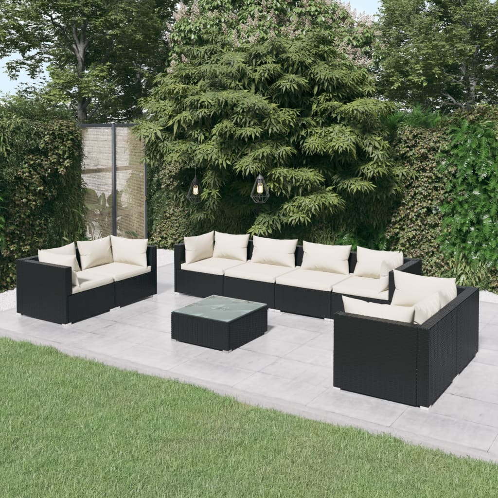 Set Divani da Giardino 9 pz con Cuscini in Polyrattan Nero | homemem39
