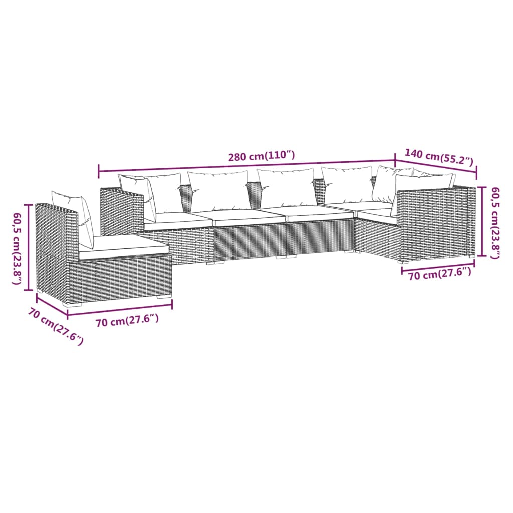 Set Divani da Giardino 6 pz con Cuscini in Polyrattan Marrone | homemem39
