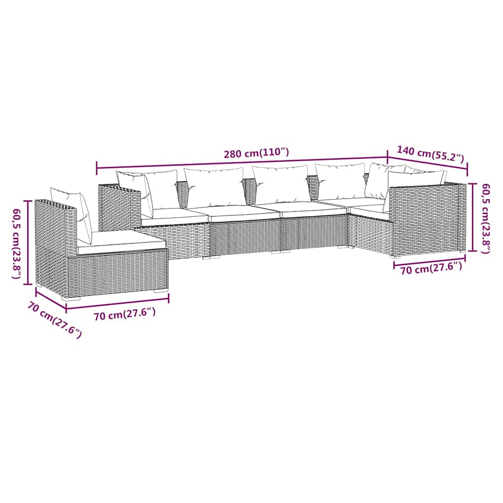 Set Divani da Giardino con Cuscini 6 pz in Polyrattan Grigio