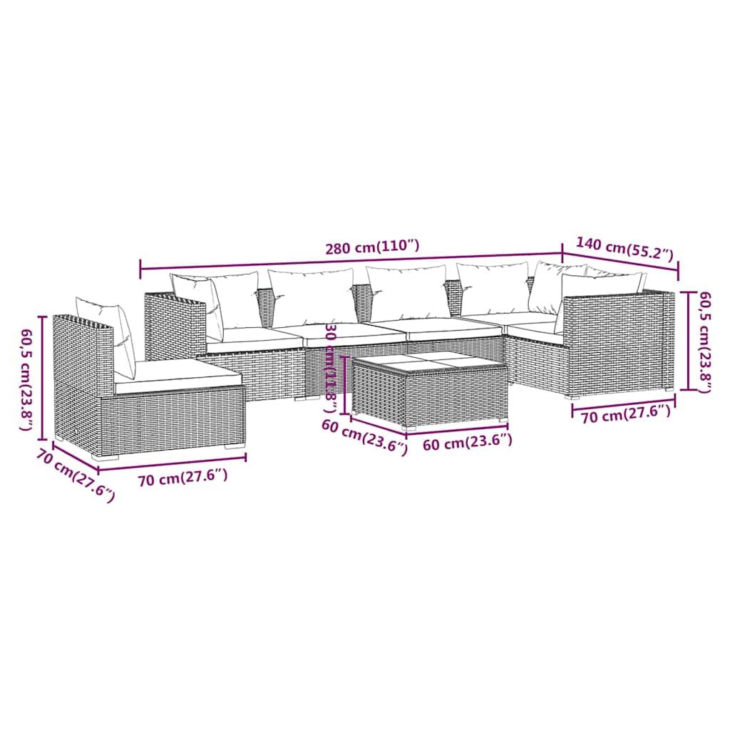 Set Divani da Giardino 7 pz con Cuscini in Polyrattan Nero
