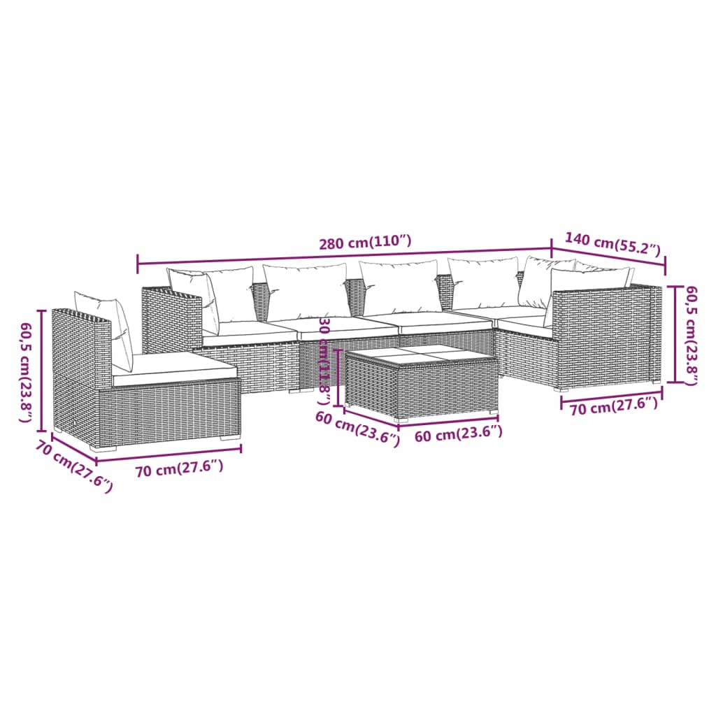 Set Divani da Giardino 7 pz con Cuscini in Polyrattan Grigio | homemem39