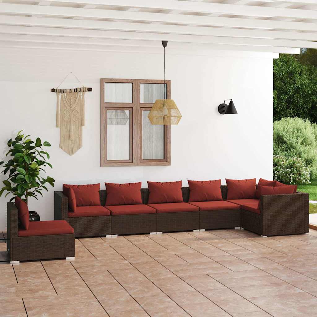 Set Divani da Giardino 7 pz con Cuscini in Polyrattan Marrone