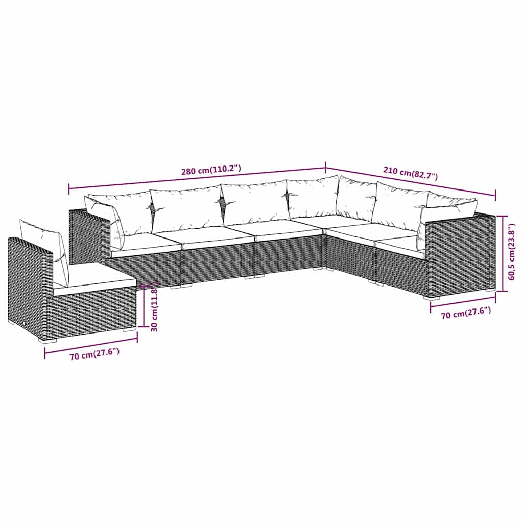 Set Divani da Giardino 7 pz con Cuscini in Polyrattan Marrone