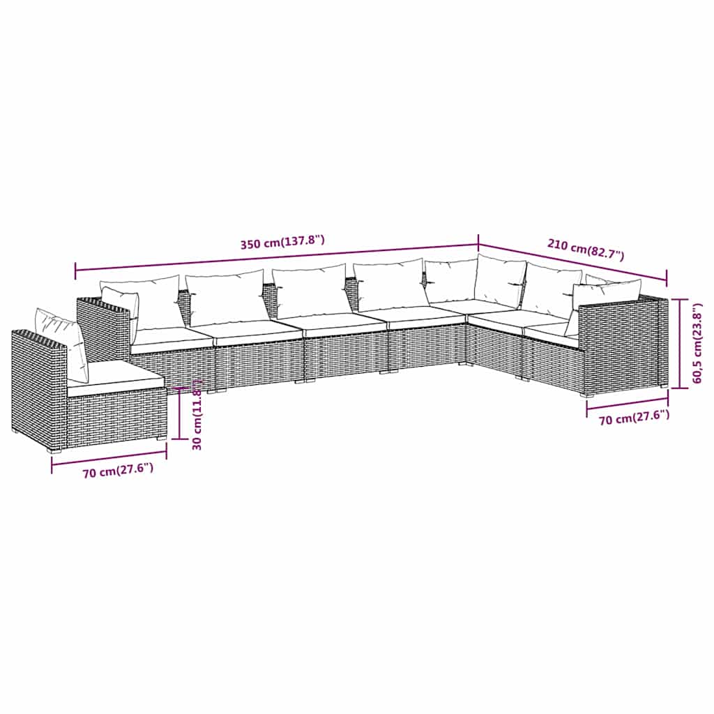Set Divani da Giardino 8 pz con Cuscini in Polyrattan Marrone