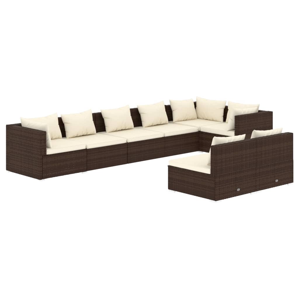 Set Divani da Giardino 8 pz con Cuscini in Polyrattan Marrone
