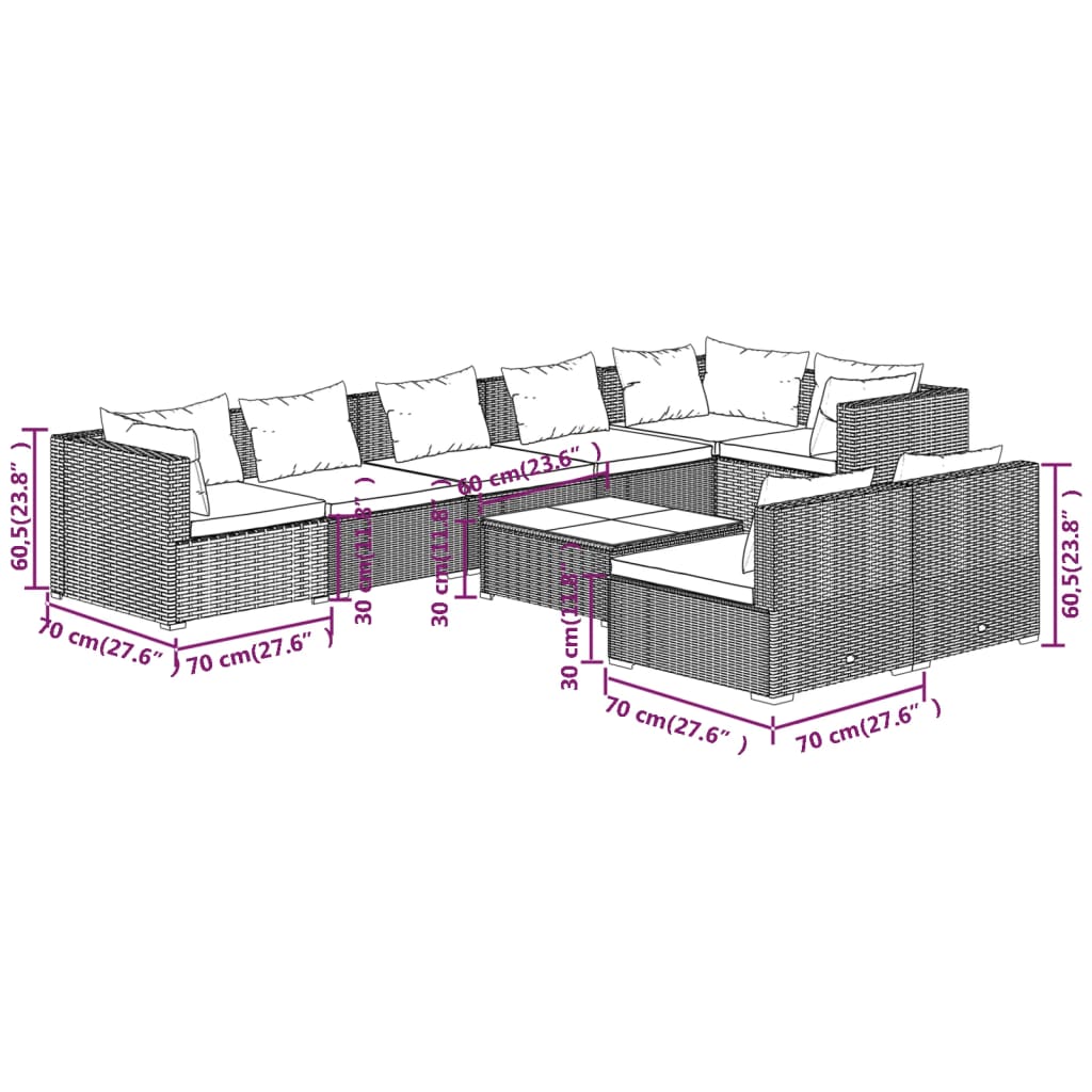 Set Divani da Giardino 9 pz con Cuscini in Polyrattan Marrone | homemem39