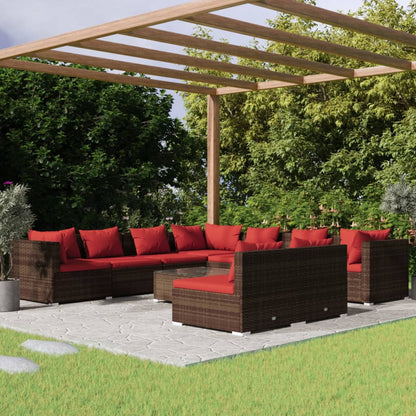 Set Divani da Giardino 10 pz con Cuscini in Polyrattan Marrone | homemem39