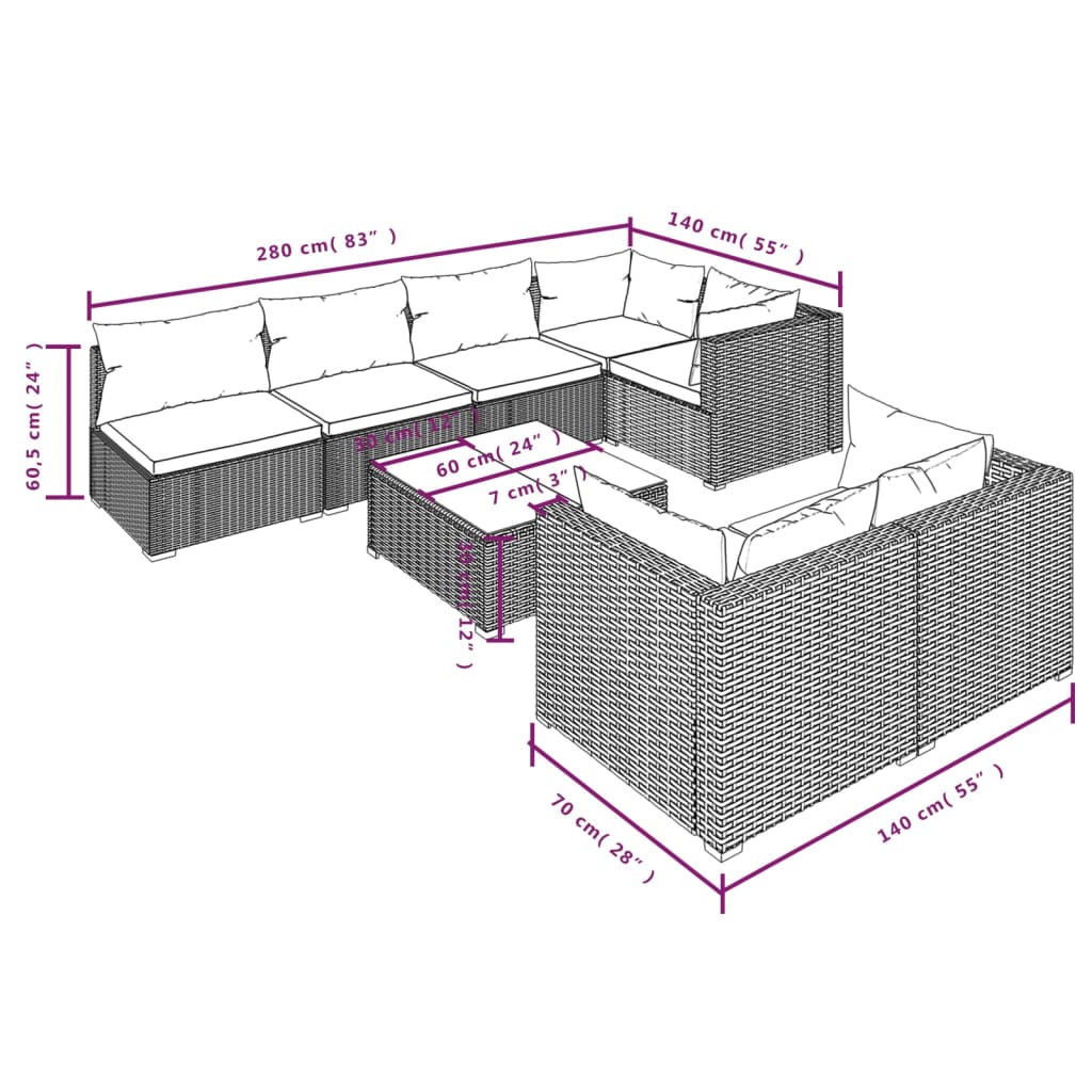 Set Divani da Giardino 8 pz con Cuscini in Polyrattan Grigio | homemem39