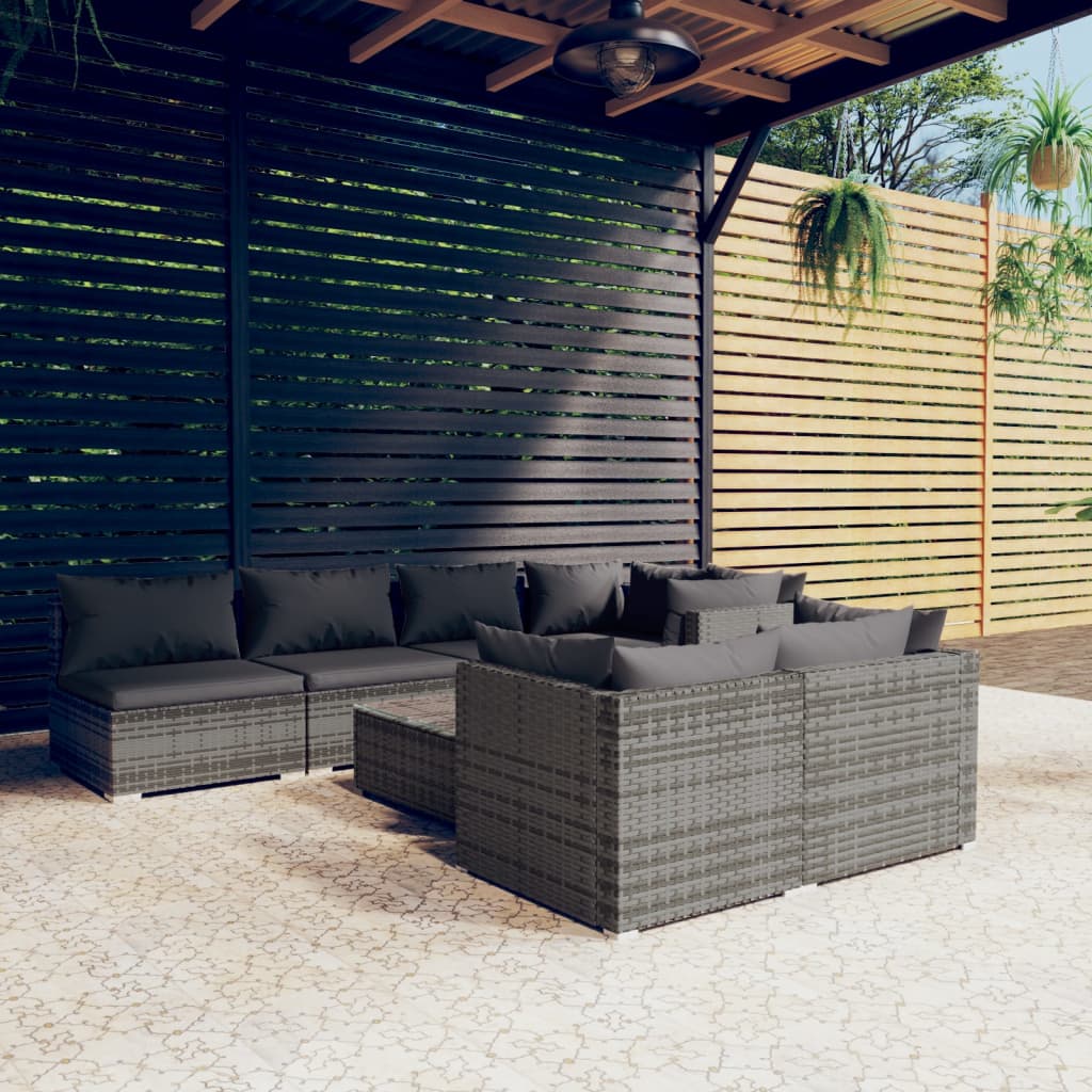 Set Divani da Giardino 8 pz con Cuscini in Polyrattan Grigio | homemem39