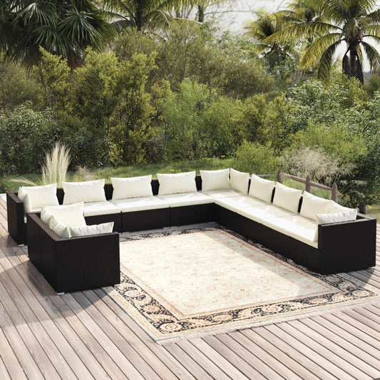 Set Mobili da Giardino 11 pz con Cuscini in Polyrattan Nero