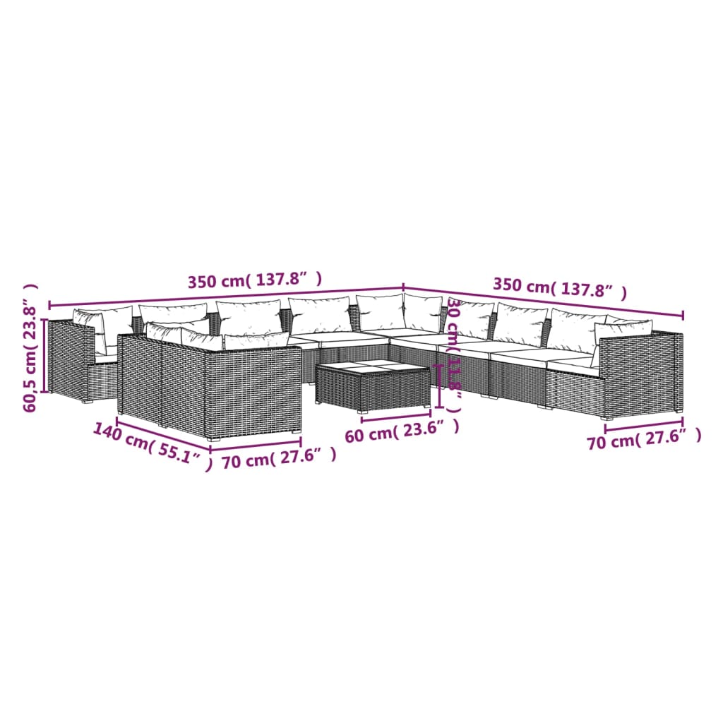 Set Divani da Giardino 12 pz con Cuscini Marrone in Polyrattan | homemem39