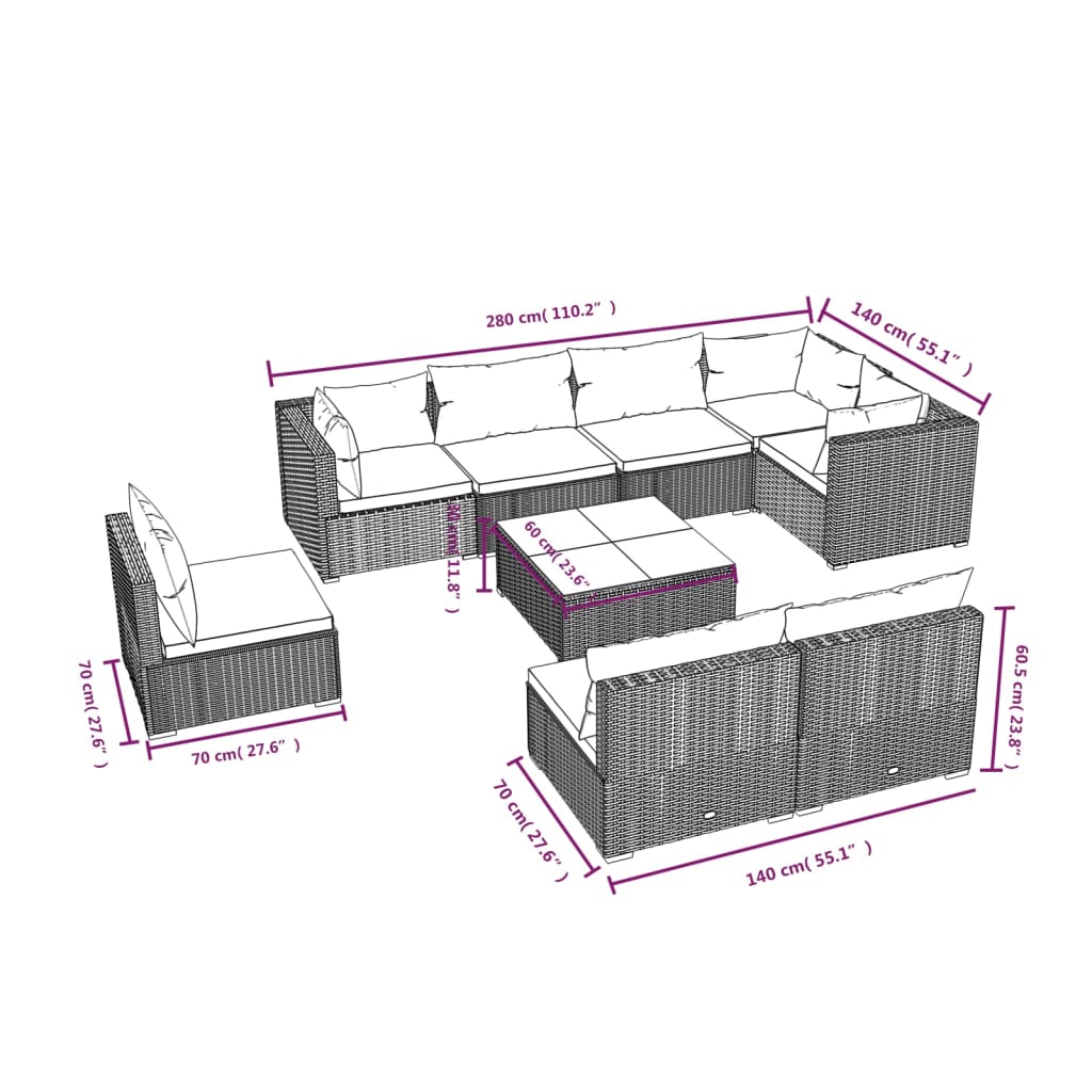 Set Divani da Giardino 9 pz con Cuscini in Polyrattan Nero | homemem39