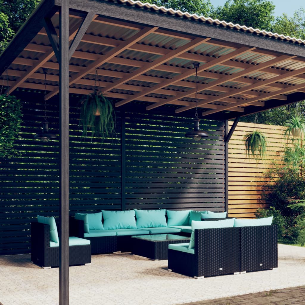 Set Divani da Giardino 9 pz con Cuscini in Polyrattan Nero | homemem39