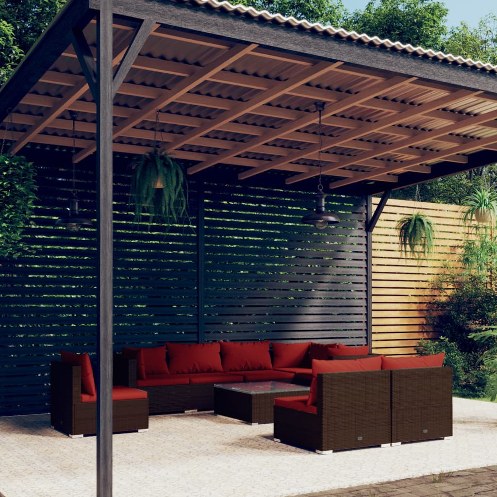 Set Divani da Giardino 9 pz con Cuscini in Polyrattan Marrone | homemem39