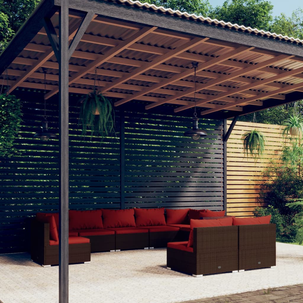 Set Divani da Giardino 9 pz con Cuscini in Polyrattan Marrone | homemem39