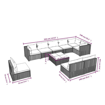 Set Divani da Giardino 10 pz con Cuscini in Polyrattan Nero | homemem39