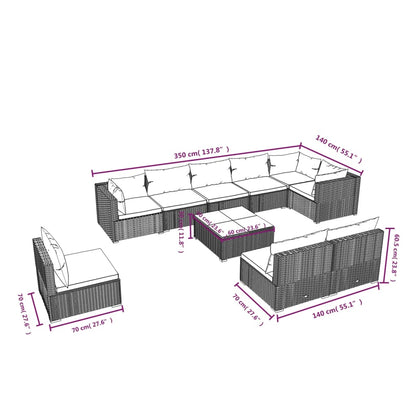 Set Divani da Giardino 10 pz con Cuscini in Polyrattan Grigio | homemem39