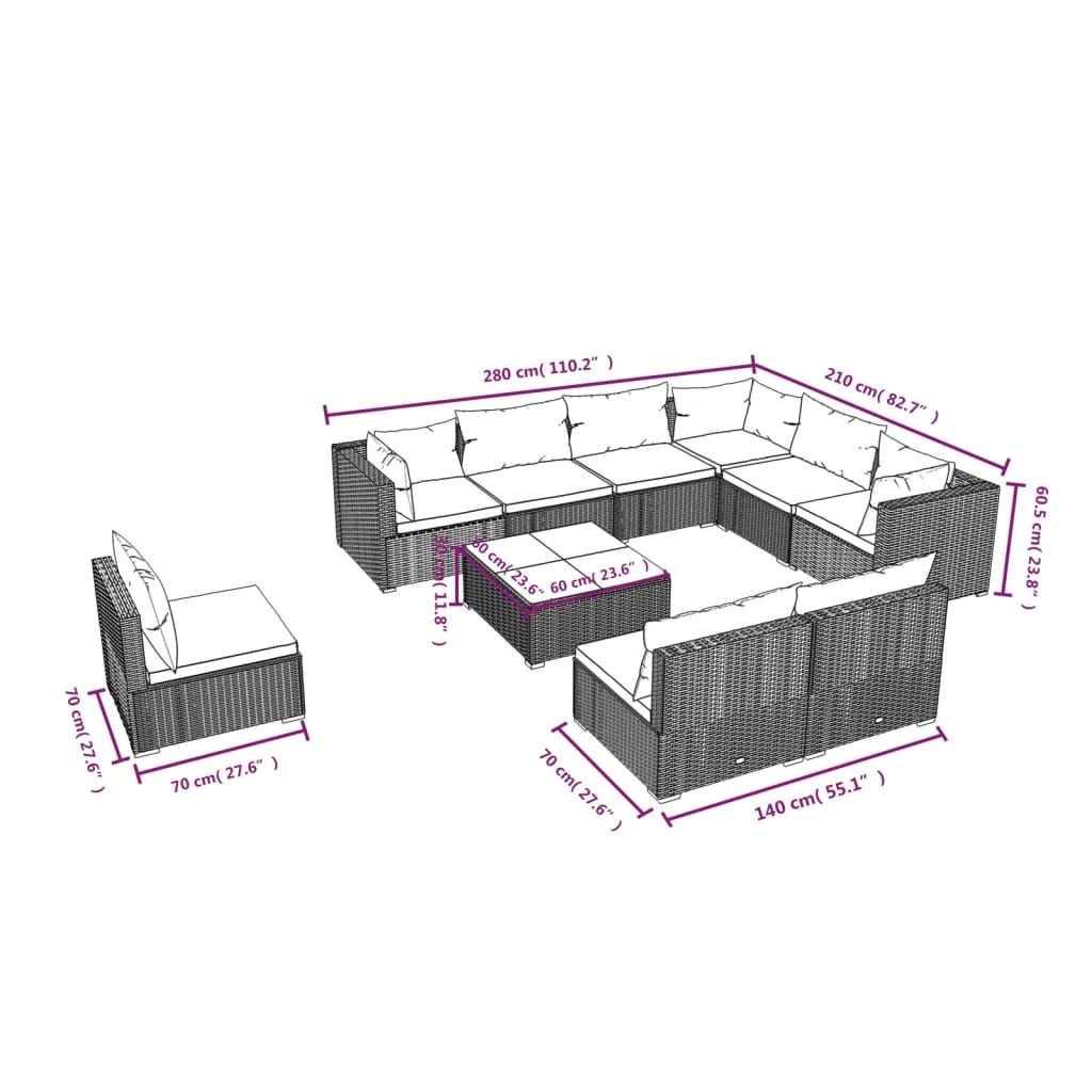 Set Divani da Giardino 10 pz con Cuscini in Polyrattan Grigio | homemem39