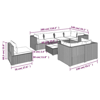 Set Divani da Giardino 9 pz con Cuscini in Polyrattan Grigio | homemem39