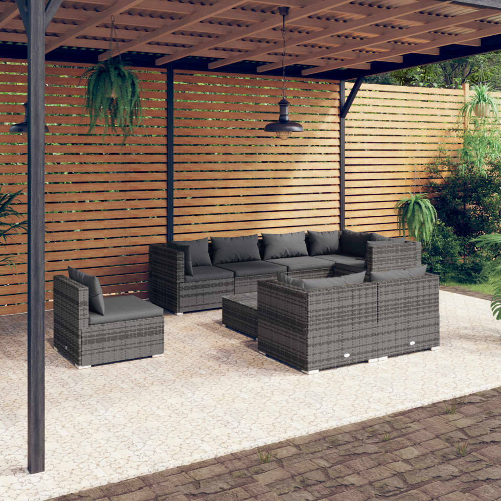 Set Divani da Giardino 9 pz con Cuscini in Polyrattan Grigio | homemem39