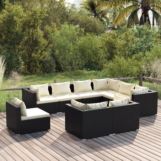 Set Salotto da Giardino 9 pz con Cuscini in Polyrattan Nero