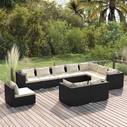 Set Mobili da Giardino 10 pz con Cuscini in Polyrattan Nero